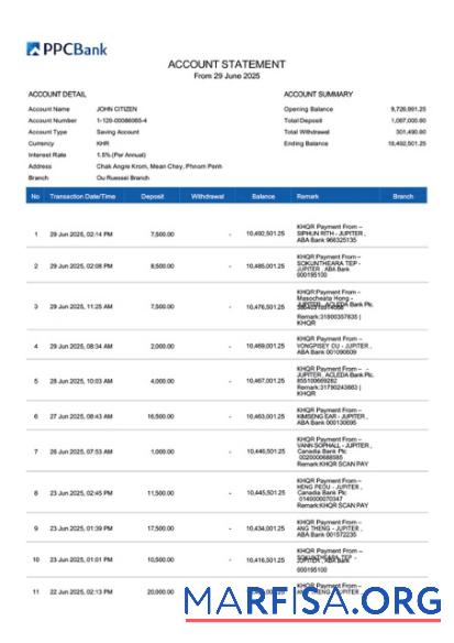Blank Cambodia PPCBank account statement word real example